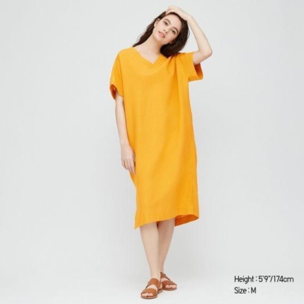 Uniqlo Linen Blend Oversized Dress with Pockets, Yellow, Small, Caftan style